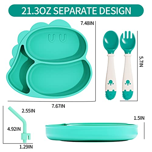 Deejoy Baby Plates With Suction, Toddler Spoon Fork And Removable Straw For Self Feeding, 100% Silicone Divided Design, Bpa Free, Microwave & Dishwasher Safe, Animal Theme Toddler Utensils- Green #TOP5