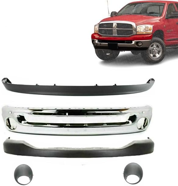 Front Bumper Chrome + Bumper Cover Textured + Valance Plastic + Fog Light Trims LH & RH Side Compatible with Dodge Ram Series 2006-2009 | DIRECT REPLACEMENT | CH2599101 CH1002383