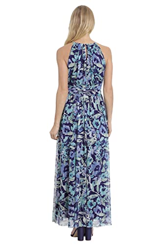 Image of London Times Women's London Times Mesh Halter Maxi Dress with Ruched Waistband Flowy Bohemian Beach Dresses