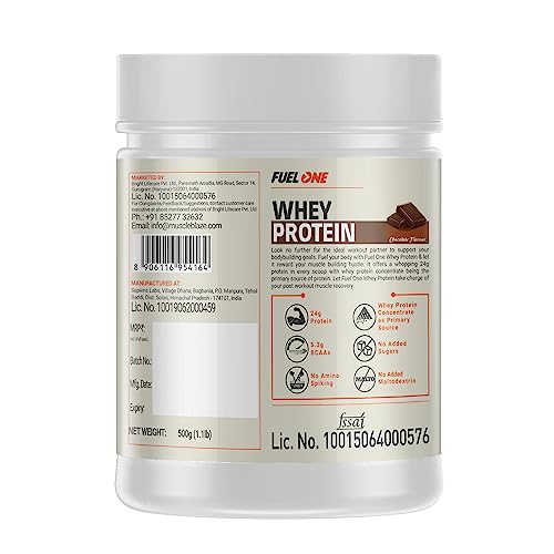 Image of MuscleBlaze Fuel One Whey Protein, 24 g Protein, 5.29 g BCAA & 4.2 g Glutamic Acid (Chocolate, 500 g / 1.1 lb)