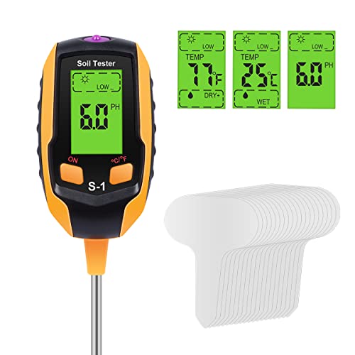 Luxekem Soil pH Meter, 4 in 1 Soil Moisture Meter for Houseplants, Soil Test Kit with 20 Labels, Plant Water Tester for Soil pH, Moister, Light, Temperature, for Garden, Potted Plants