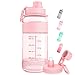 YUHENGLE Trinkflasche - 1 Liter/2 Liter Sport Wasserflasche mit mit Strohhalm und Zeitmarkierungen [BPA-frei Tritan] Auslaufsicher Sportflasche für Sport, Wasser, Fahrrad, Fitness,Kohlensäure Geeignet