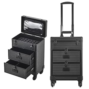 BTGGG Makeup Trolley Professional Beauty Trolley on Wheels with 2 Drawers Lockable Cosmetic Vanity Case Hairdressing Trolley, Black Make Up Case, Beauty Nails Case, Gift for Mothering Sunday