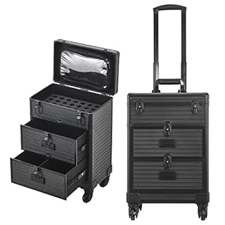 BTGGG Makeup Trolley Professional Beauty Trolley on Wheels with 2 Drawers Lockable Cosmetic Vanity Case Hairdressing Trolley, Black Make Up Case, Beauty Nails Case, Gift for Mothering Sunday