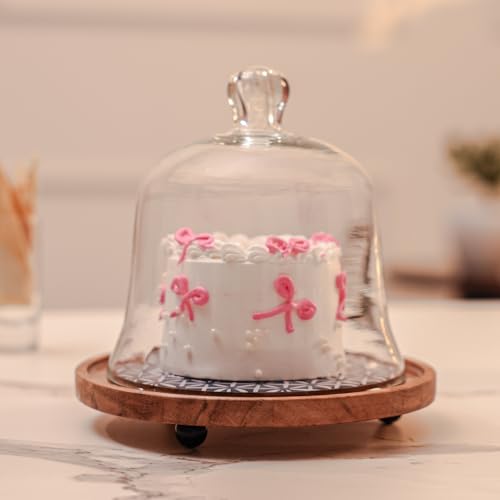 Image of Candy Cloud Acacia Wood Cake stand with Glass Dome | Multipurpose Dessert & Cupcake Display | Serving Cake Plate with Dome Lid | Pastry Stand