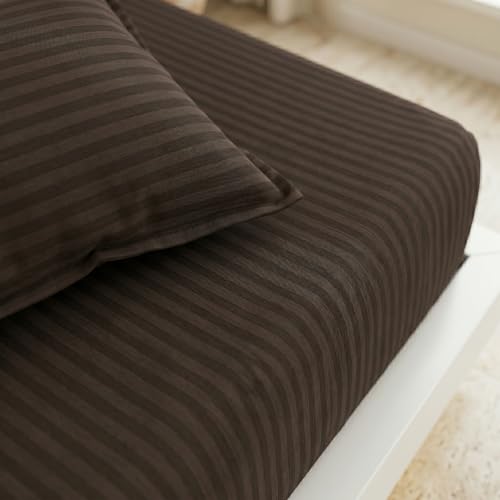 Image of Filymore Single Bed Bedsheet with 1 Pillow Cover, 300 TC Soft Microfiber Satin Striped Bedsheet, Brown Striped Bedcover for Single Bed, Breathable & Comfortable Bedding Set (90x60 Inches)