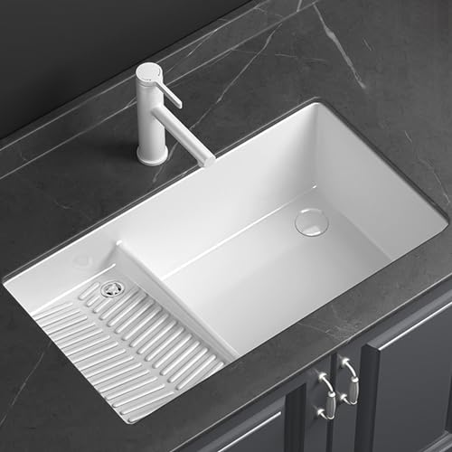 Lavandino rettangolare in ceramica bianca da bagno sottopiano,lavabo lavanderia da esterno,lavatoio ceramica,Con rubinetto bianco, adatto per lavanderia, balcone, bagno, cortile ( Size : 73.5*42 )