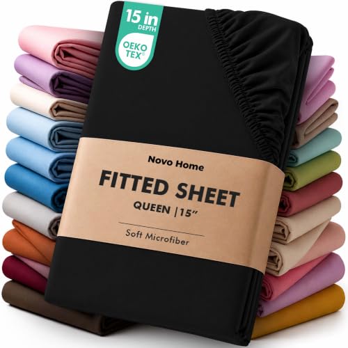 Novo Home Black Queen Fitted Sheet Deep Pocket 15 Inch Soft Microfiber