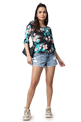 Image of POPWINGS Casual Printed Puff Sleeves Round Neck Top for Women || Stylish Summer Tops for Women || Hip-Length Women Top
