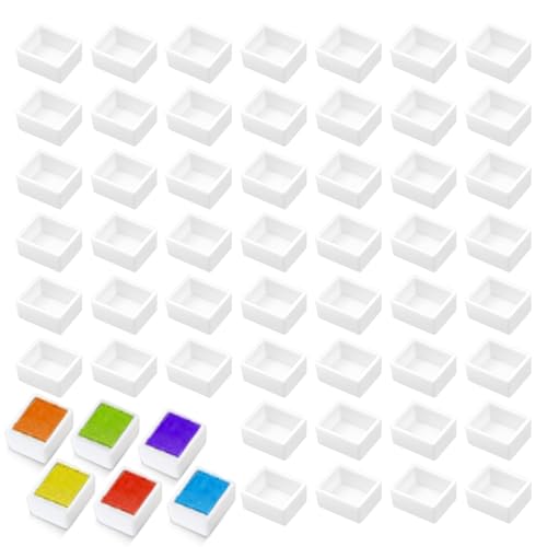 KALIONE 50 Pcs Watercolor Half Pans White Plastic Empty Watercolor Paint Pans Empty Watercolor Palette Plastic Watercolor Tins Travel Tins Paint Case Empty Half Pans for Watercolor Acrylics Palette