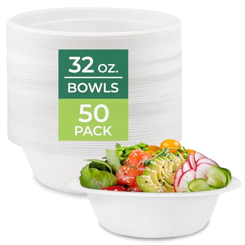 Freshware Paper Bowls - Disposable 32 oz Soup Bowl 50-Pack Biodegradable Sugarcane Fiber Serving Bowls - Heavy Duty Bagasse for Hot Food Plates - Microwave & Freezer Safe Stackable Dinnerware