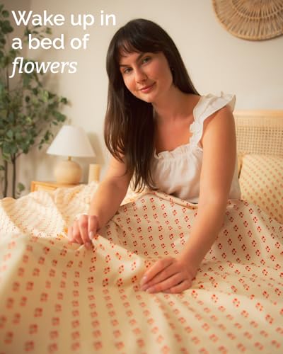 Image of Queen 4 Piece Floral Sheet Set - Breathable & Cooling - Cherry Blossom Dot