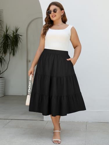 Women's Plus Size Casual Summer Midi Skirt with Pockets 1X-4X Tiered Lightweight A-line Skirts4