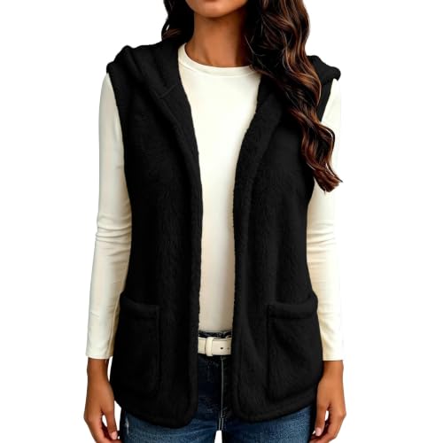 Womens Fuzzy Fleece Vest Hooded Open Front Patch Pockets Casual Fall Layer - image 6