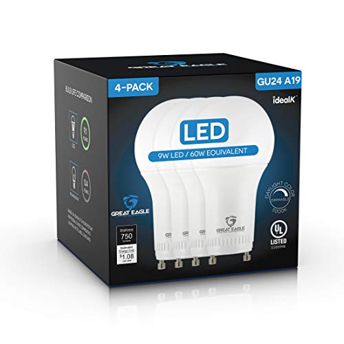 Great Eagle Lighting Corporation Led Gu24 Base, A19 Shape, 9W (60W Equivalent), Dimmable, 5000K Daylight, 750 Lumens, Ul Listed, Twist-In Light Bulb (4-Pack) #TOP5