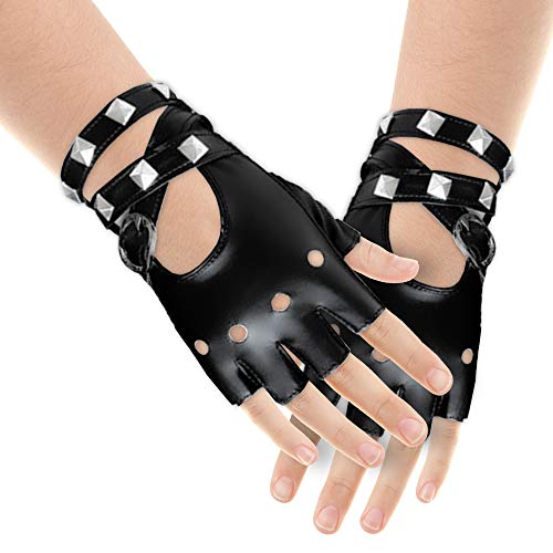 image for Skeleteen Fingerless Faux Leather Gloves - Black Biker Punk Gloves wit