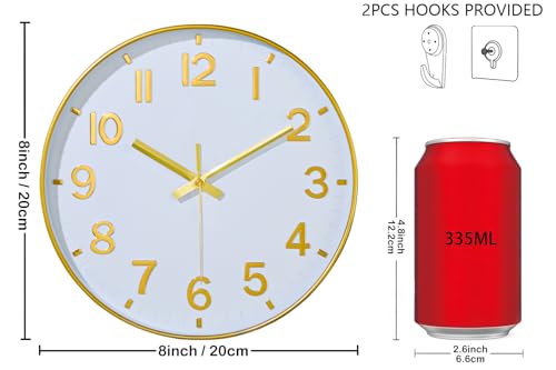 Image of Gold Wall Clock, 8 Inch Wall Clocks Battery Operated, Round Modern Non Ticking Silent Digital Analog Small Wall Clock for Bedroom Living Room Kitchen Office Gym Classroom Outdoor Clocks