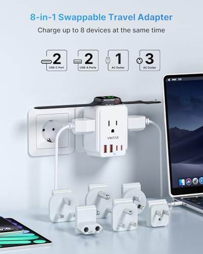 Image of Universal Travel Adapter Kit, VINTAR International Power Adapter for Apple Watch Charger with 3 AC Outlets 4 USB Ports (2 USB C), Type A /C /D /G /I /M Detachable Plugs, US to Europe /UK /India /Africa