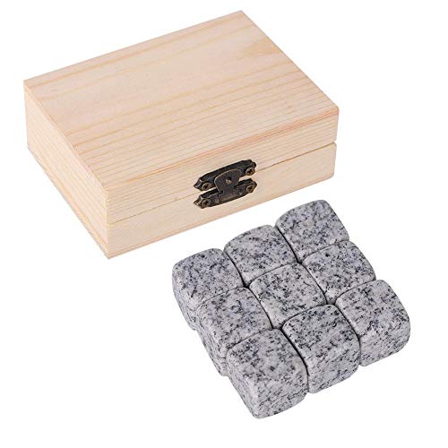 Whisky Steine Set, 9 Stück Kühlsteine, wiederverwendbare Eiswürfel, Geschenkset aus Granit, Kühlwürfel mit Holzbox (weiß)