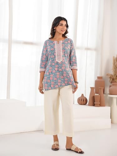 Image of Pure Cotton Printed Short Kurti for Women | Traditional Block Print Kurta Top | Casual & Workwear Ethnic Fashion