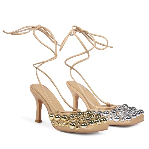 Image of Saint Leia Women's 4IN High Heel Sandals Nude Stiletto Pumps with Gold Silver Pearls Heels for Weddings Parties and Evening Wear
