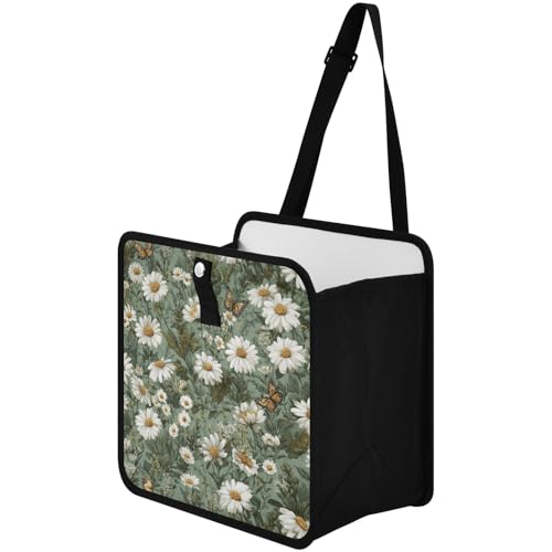 Image of Car Trash Can Organizer Bin with Adjustable Strap for Back Front Seat Console Waterproof Leakproof Collapsible Portable 11 Inch Summer Daisy Butterfly Green