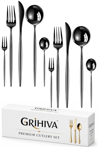 Image of 10 Pcs Black Cutlery Set for Dining Table the Perfect Lightweight Silim Handle Tableware Including Dinner Spoon, Dinner Fork, Dinner Knife, Dessert Spoon & Dessert Fork