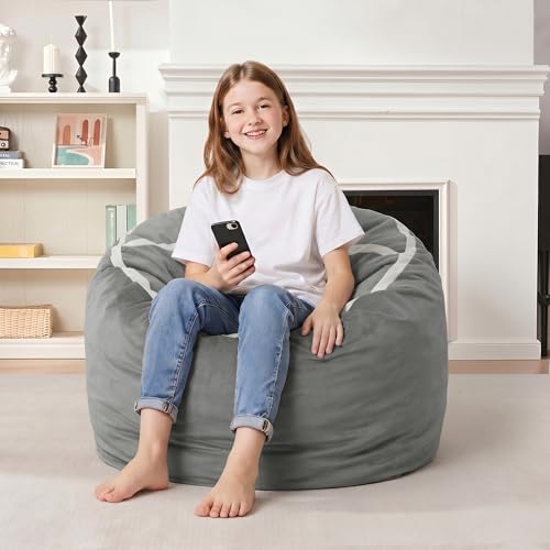 Image of 2FT Bean Bag Chair 2'Bean Bag Chairs with Memory Foam Filled Small Bean Bag | Bean bags with Machine Washable Cover Dutch Velvet Fabric, Comfy Chairs for Living Room, Bedroom, Dorm, Lightgrey