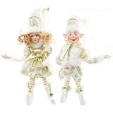 Redrubbit Plush Christmas Elf Figure, 17.7 inch Soft Adorable Cheer Elves Christmas Tree Ornaments Home Decorative Figurines, Boy & Girl Set of 2, White & Gold