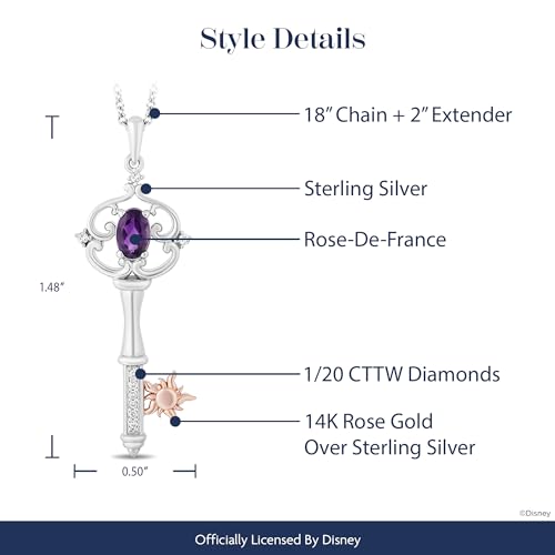 Jewelili Enchanted Disney Fine Jewelry Rapunzel Key Pendant Necklace for Women |14K Rose Gold over Sterling Silver | Rose-De-France & 1/20 CTTW White Diamonds |18" Cable Chain |Princess Gifts for Her4