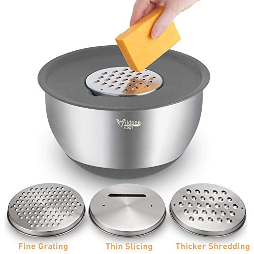 Image of Wildone Mixing Bowls with Airtight Lids Set, 5PCS Stainless Steel Nesting Bowls Set for Kitchen, with Grater Attachments & Non-Slip Bottoms, Size 5, 3, 2, 1.5, 0.63 QT, Great for Baking & Serving