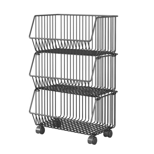 Buachois Rolling Snack and Storage Cart avec Roues, empilable 2/3 Tier Fruit Basket Metal Wire Potato Onion Organizer Basket Bins Rack pour l'organisation du Garde-Manger de la (3 Niveaux)
