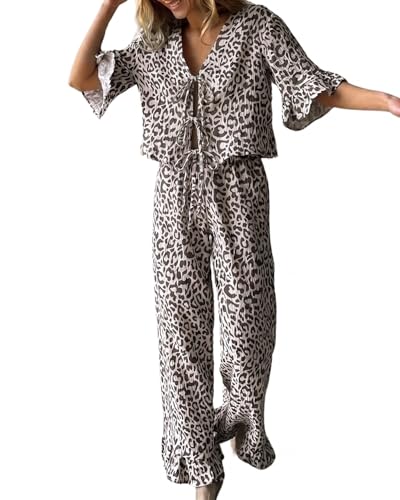 Image of codcm Womens Cotton Pajama Set Ruffle 2 Piece Tie Front Shirt and Long Pants Cute Printed Sleepwear