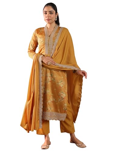 Image of Libas Womens Printed Silk Blend Straight Kurta With Palazzos and Dupatta | daily wear suit