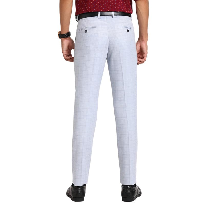 Image of Turtle Men Poly Viscose Light Blue Checkered Ultra Slim Fit Flat Front Formal Trouser