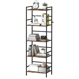 DOMYDEVM Tall Bookshelf, 5 Tier Free Standing Shelves, Wood Storage Shef Unit with Metal Frame, Brown Bookshelf for Small Spaces, Office, Living Room, Bedroom