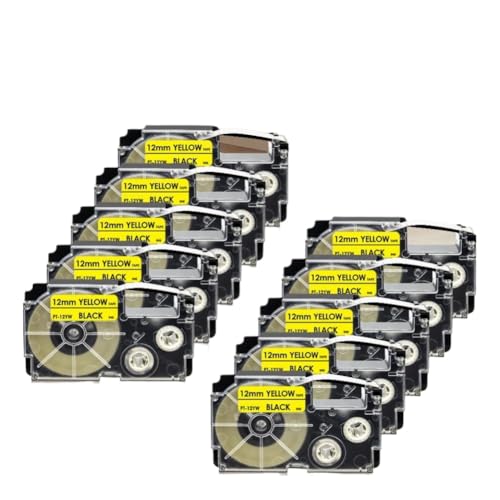 YRTJINYQ 10 Stück 12 mm Etikettenband XR-12WE XR-12X XR-12RD XR-12BU XR-12YW XR-12GN, kompatibel mit Etikettendrucker(10PK Black on Yellow)