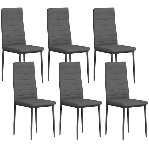 HOMCOM Pack de 6 Sillas de Comedor Modernas, Sillas de Cocina Tapizadas en Lino Sintético con Respaldo Alto y Patas de Metal, para Salón, Gris