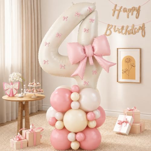 Image of 40 Inch Pink Beige Number 4 Balloon Tower with Bow 4th Birthday Decorations
