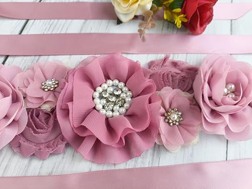 Dusty Pink Maternity Sash Belt for Baby Shower, Flower Sash Belt for Maternity Dresses3