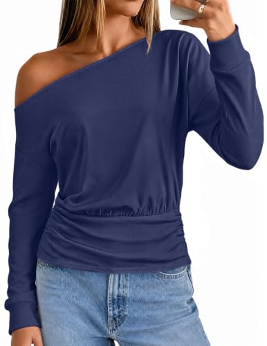 MEROKEETY Women's Off The Shoulder Tops Long Sleeve Fall Shirts, Navy, XL