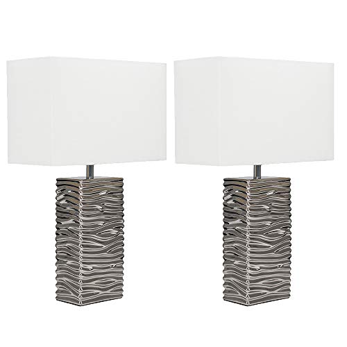 MiniSun | Pair of - Modern Silver Ripple Effect Ceramic Table Lamp with a White Light Shade | Table Lamps & Home Improvements Essential