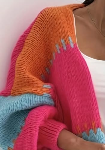 LAJIOJIO Women's Striped Cardigan Sweaters Fall Outfits,Puff Long Sleeve Color Block Open Front Outwear Knit Sweater Coats3