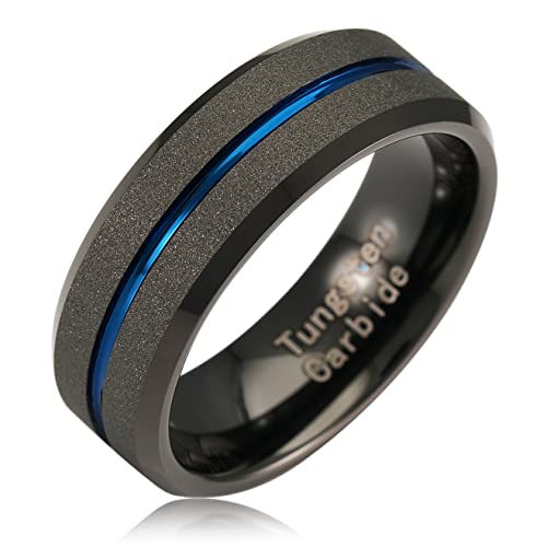 100S JEWELRY Black SandBlast Finish Beveled Edge Thin Blue Center Line Tungsten Rings For Men Women Wedding Promise Engagement Band Sizes 6-16