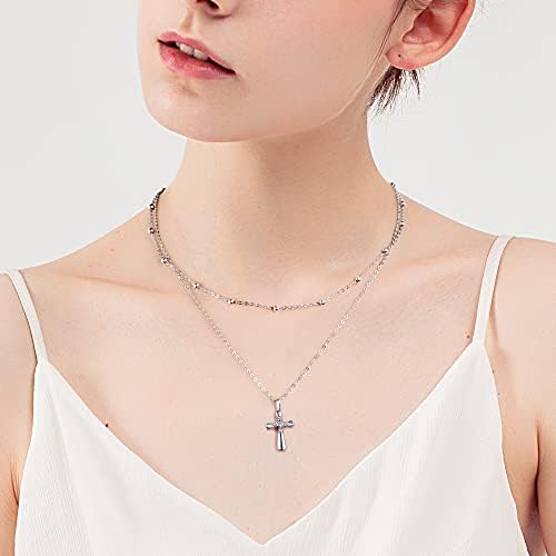 Lydreewam Cross Necklace for Women 925 Sterling Silver Crucifix Double Layered Chain Necklace with 3A Cubic Zirconia & Gift Box, Necklace for Christmas Christian Communion, Adjustable 40+5cm