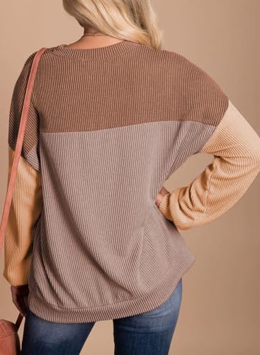 Image of Dokotoo Womens Tops Fashion 2026 Color Block Long Sleeve Shirts for Women Crewneck Knitted Casual Loose Blouses
