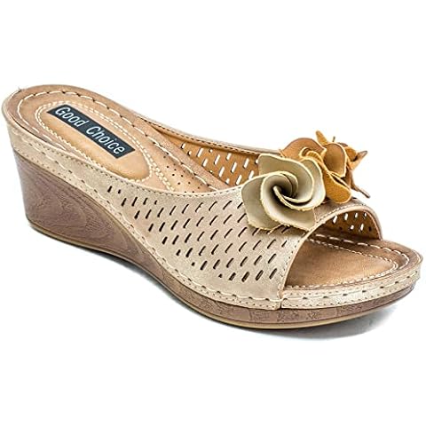 GC Shoes Womens Wedge Sandals, Open Toe Mid Heel Platform, Comfy Perforated Vegan Leather Strap Slides, Juliet/Gold/Size 9 Cover
