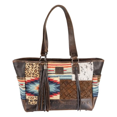 Image of STS Ranchwear Women's Genuine Leather /Cowhide /Cotton Blend Chaynee Mountain Tote Bag With Dual Leather Carry Handles w /Accents & Fringe
