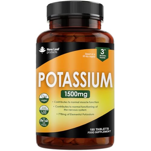 Potassium Supplements High Strength - 180 Vegan Potassium Tablets Mineral Electrolytes Supplement Contributes to Normal Muscle Function, Nervous System - Gluten-Free, Non-GMO, Made in UK by New Leaf