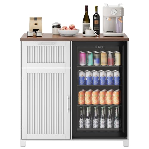 Image of 38.6 inch Long Fluted Mini Fridge Cabinet with Power Outlet & Drawer, White